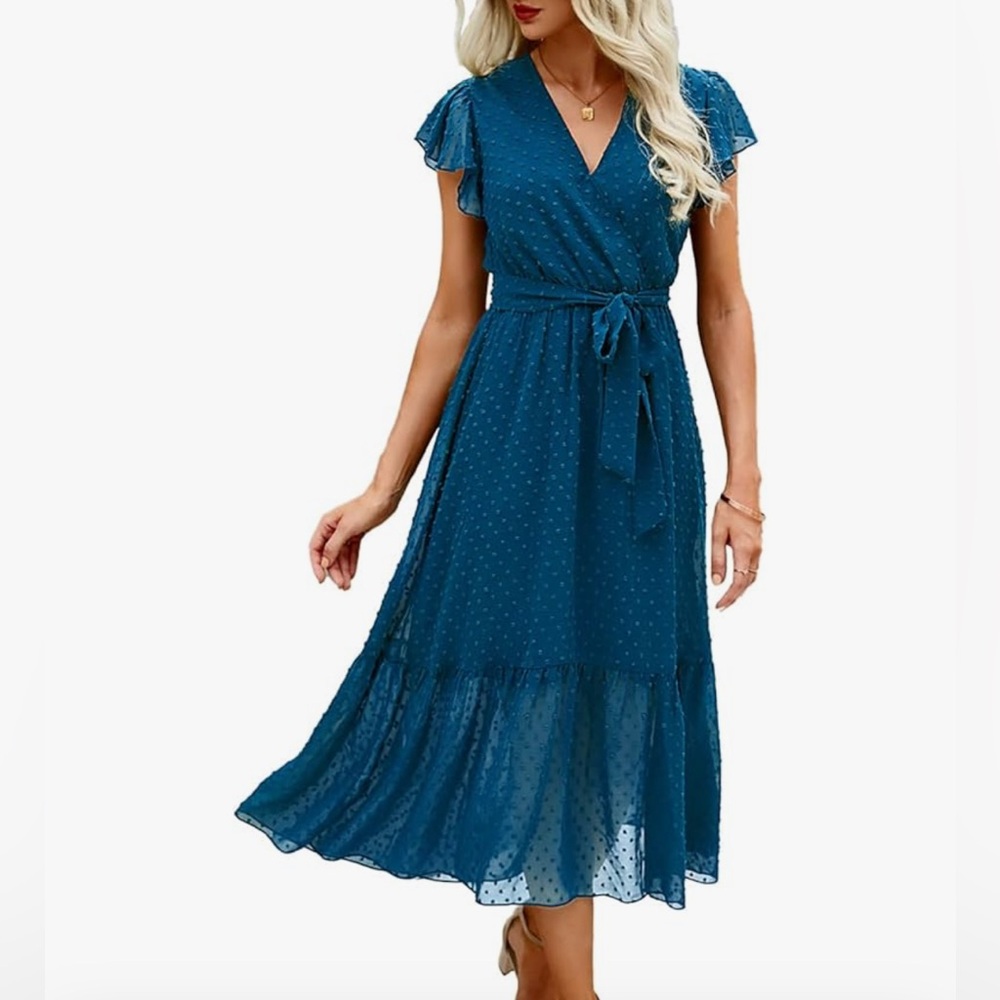 Swiss dot. Short sleeved, V-neck dress.